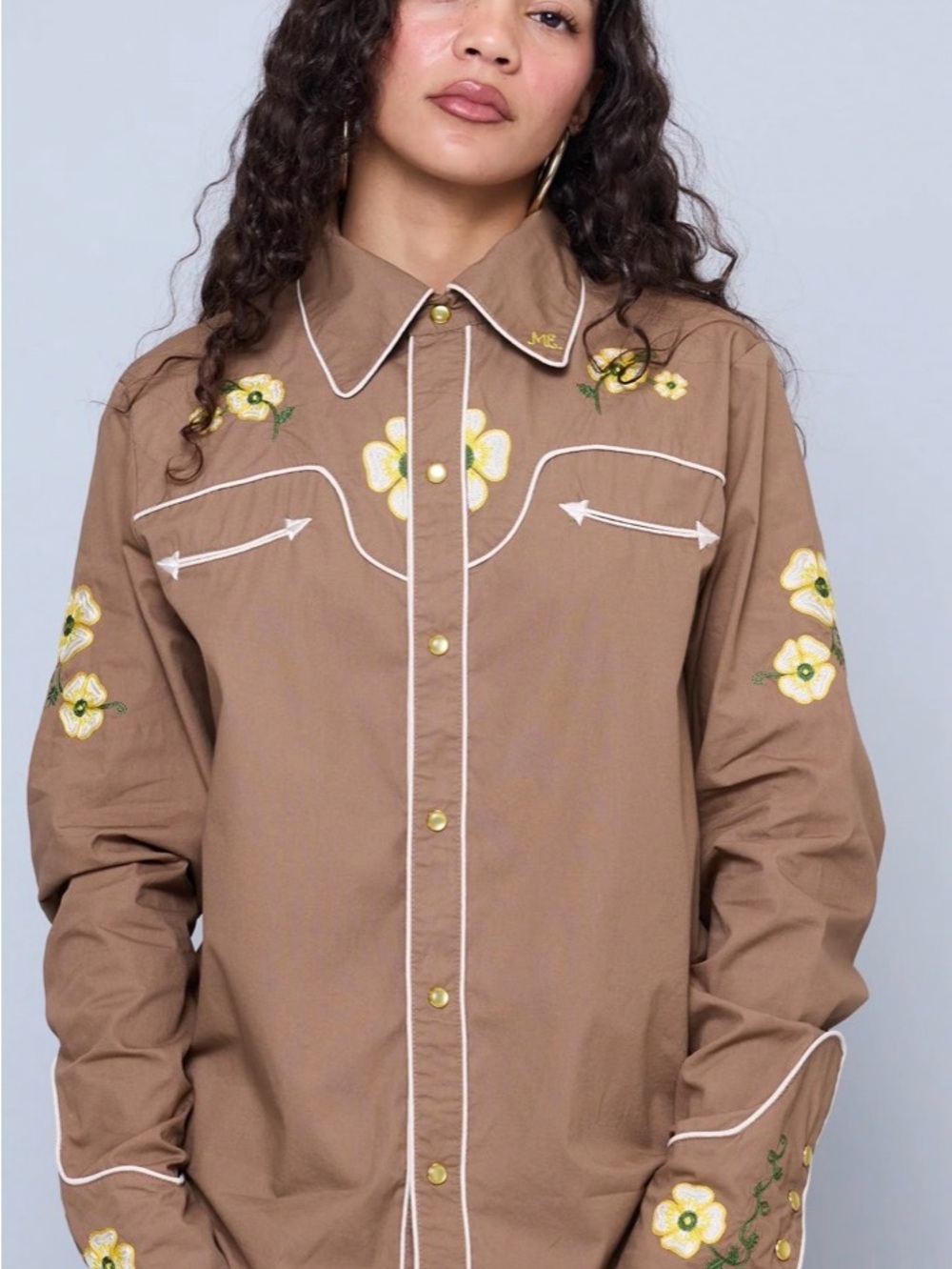 NWT Melody Ehsani Ranch Embroidered Western Button Up Shirt Brown Medium